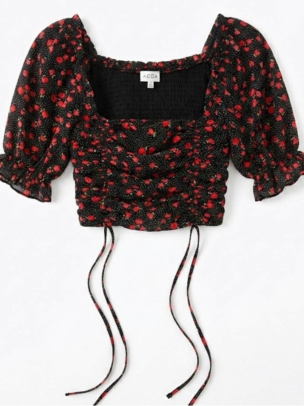 CO Black Crop Top with Red Strawberry Print